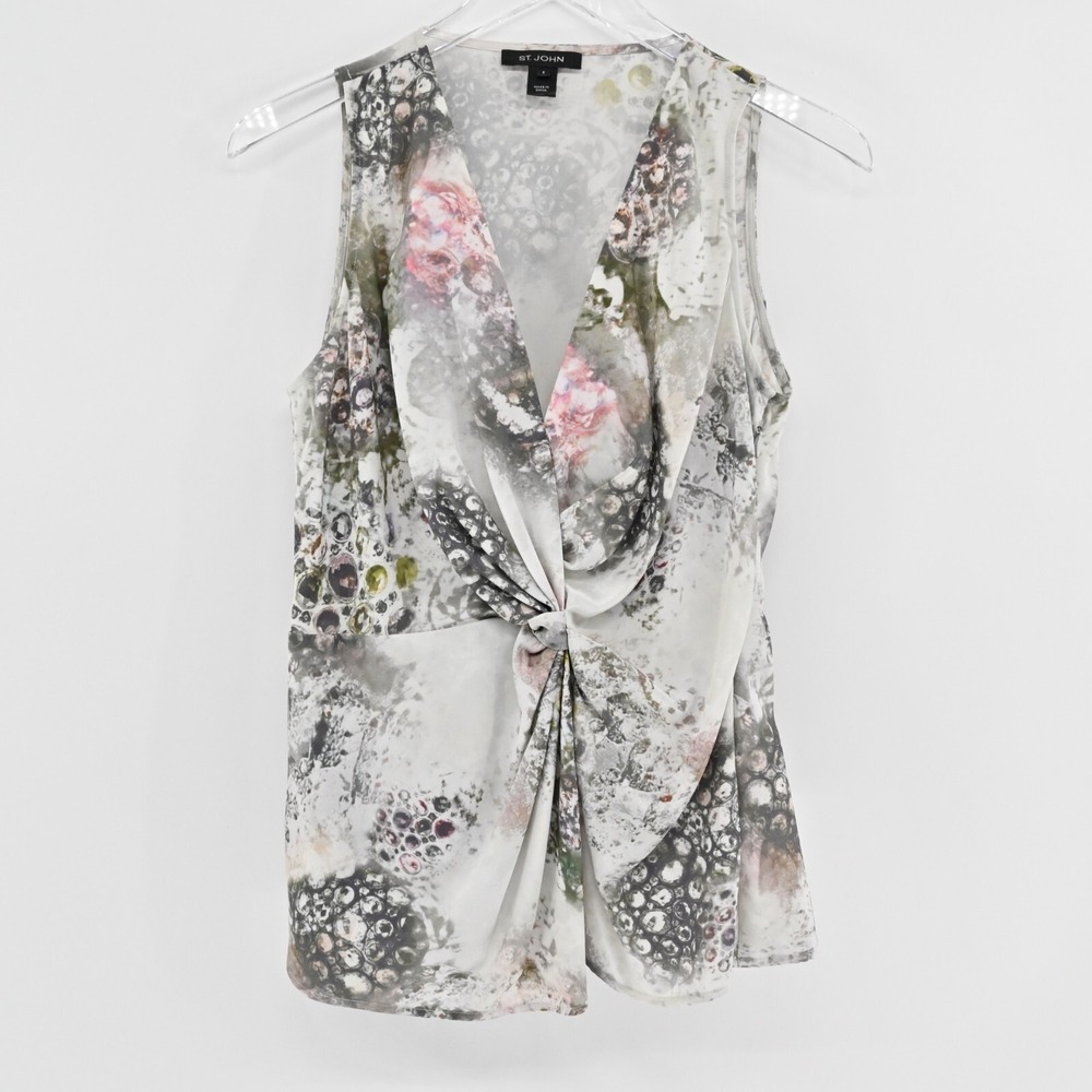 St John Twist Front Abstract Floral Silk Top Womens Size 8 Gray Pink Sleeveless
